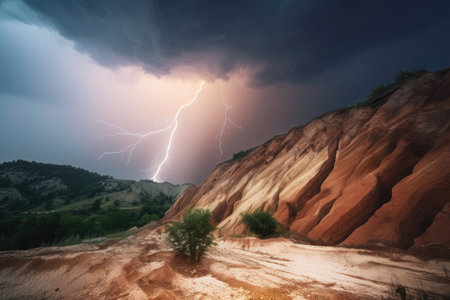 landslide during storm, with lightning and thunder in the background, created with generative aiの素材
