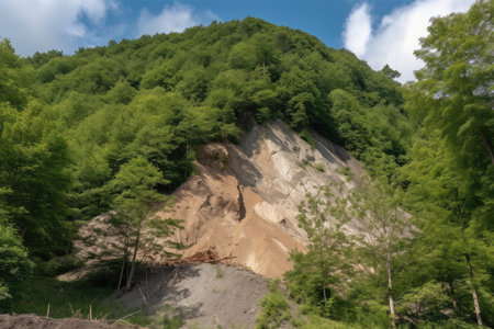 landslide at the base of a mountain, with the trees and rocks on its way down, created with generative aiの素材