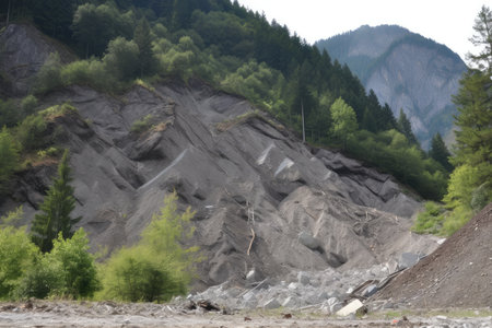 landslide at the base of a mountain, with the trees and rocks on its way down, created with generative aiの素材