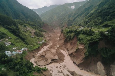 massive landslide caused by flooding, with debris and mud flowing into the valley below, created with generative aiの素材