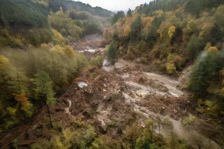 massive landslide destroys a forest, with trees and debris strewn in its wake, created with generative aiの素材