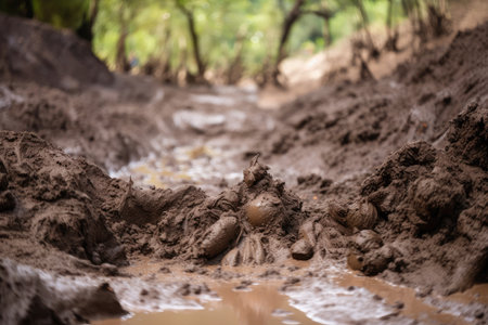 close-up of the thick, wet mud that makes up a landslide, created with generative aiの素材