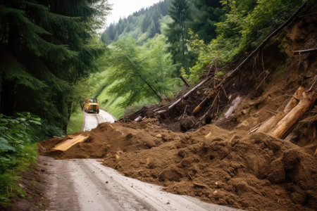 landslide debris blocking a road in the forest, created with generative aiの素材
