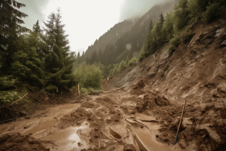 mudslide raging down a steep mountainside, bringing trees and rocks with it, created with generative aiの素材