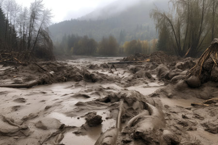 mudslide with debris spilling into river, sending waves of water downstream, created with generative aiの素材