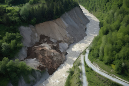 a landslide that has blocked a river, creating a temporary dam, created with generative aiの素材