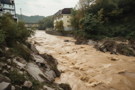 landslide blocking a river, with water overflowing its banks, created with generative aiの素材