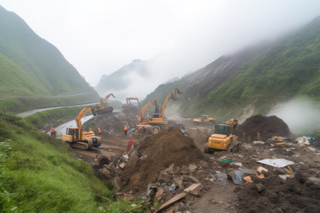 landslide blocking a highway, with workers clearing debris and restoring the road, created with generative aiの素材