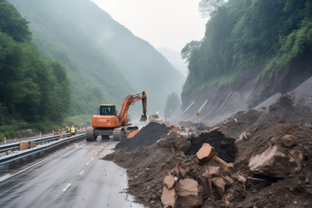landslide blocking a highway, with workers clearing debris and restoring the road, created with generative aiの素材
