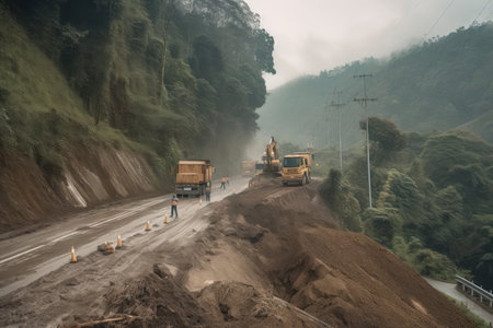landslide blocking a highway, with workers clearing debris and restoring the road, created with generative aiの素材