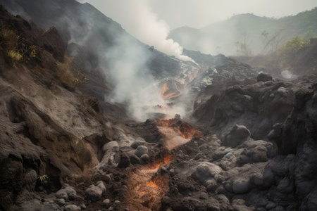 landslide on volcanic island with flowing lava and steam, created with generative aiの素材
