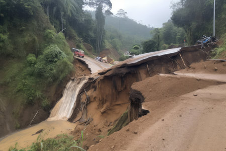 landslide destroying road, forcing drivers to take detour, created with generative aiの素材
