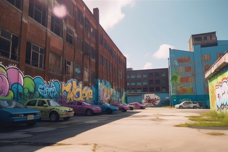 lofi city street with view of colorful graffiti and abandoned warehouse in the background, created with generative aiの素材