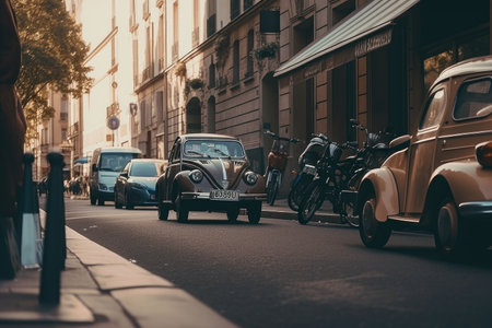 lofi city street with vintage cars and bikes, retro feels, created with generative aiの素材
