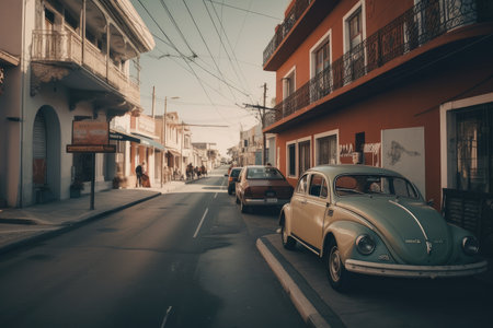 lofi city street with vintage automobile parked on the side, created with generative aiの素材