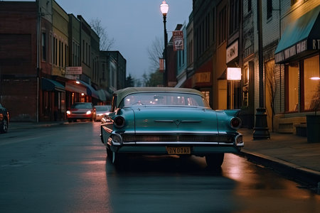 lofi city street with vintage automobile parked on the side, created with generative aiの素材