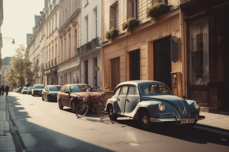 lofi city street with vintage cars and bicycles parked on the side, created with generative aiの素材