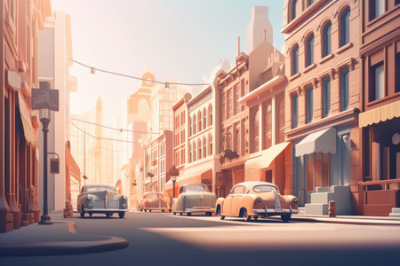 retro-inspired city street with modern elements, such as sleek cars and industrial buildings, created with generative aiの素材