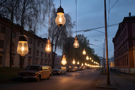 retrofit of modern street lights with vintage bulbs in lofi city, created with generative aiの素材