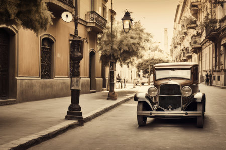 lofh city street, with vintage car and old-fashioned lamp post, in retro style, created with generative aiの素材