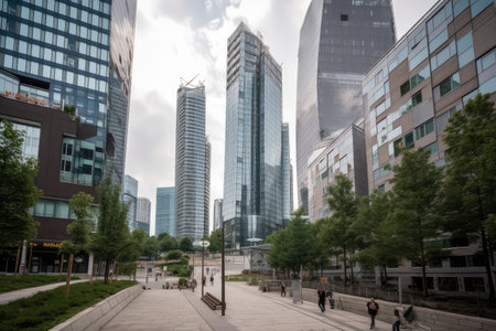 lofisurrounded by tall skyscrapers and bustling with activity, created with generative aiの素材