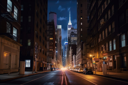 street with view of the citys skyline, with tall buildings and bright lights, created with generative aiの素材