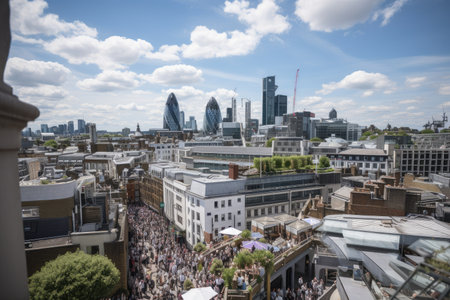lofisurrounded by tall buildings and busy crowds, with a glimpse of the city skyline in the distance, created with generative aiの素材