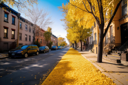 loficity street with yellow leaves on the sidewalk and blue sky in the background, created with generative aiの素材