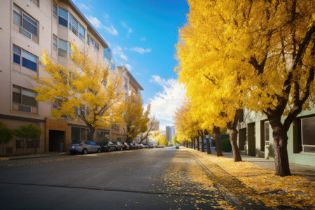 loficity street with yellow leaves on the sidewalk and blue sky in the background, created with generative aiの素材
