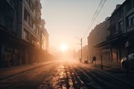 lofi city street with view of misty morning sunrise, bringing new day to the city, created with generative aiの素材
