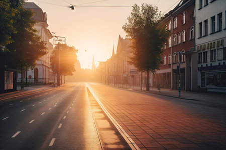lofi city street at dawn, with the sun rising over the horizon, created with generative aiの素材