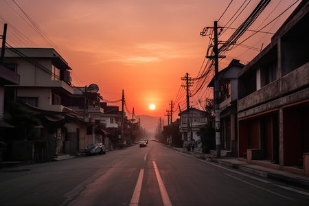 lofier city street with view of the sunset, capturing the serene and peaceful atmosphere of late evening, created with generative aiの素材
