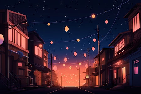 lofi city street at night, with flickering lanterns and stars in the sky, created with generative aiの素材