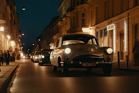 lofi street with vintage cars and old-timey street lamps, created with generative aiの素材