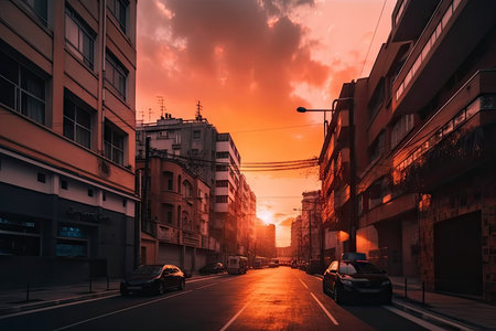 lofi city street with sunset, with stunning sky and vibrant colors, created with generative aiの素材