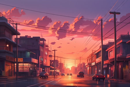 lofi city street with sunset, with stunning sky and vibrant colors, created with generative aiの素材
