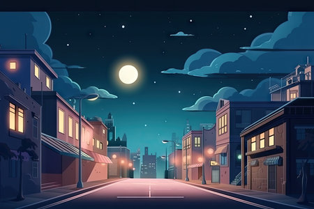 lofi city street with a view of the moon and stars in the night sky, created with generative aiの素材