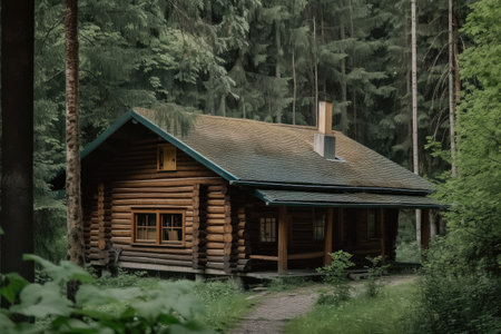 log cabin in beautiful forest surrounded by trees, created with generative aiの素材