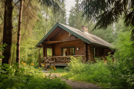 log cabin in beautiful forest surrounded by trees, created with generative aiの素材