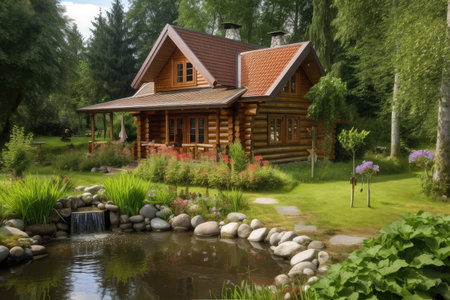 log cabin house, surrounded by lush greenery and tranquil water feature, created with generative aiの素材