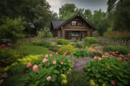 log cabin, surrounded by lush and green garden, with blooming flowers, created with generative aiの素材