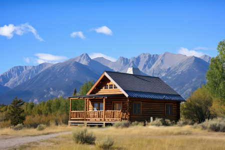 log cabin house with mountain view, surrounded by towering peaks and clear blue skies, created with generative aiの素材