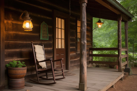 exterior of log cabin with wooden porch, rocking chair and lantern, created with generative aiの素材