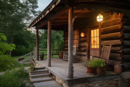 exterior of log cabin with wooden porch, rocking chair and lantern, created with generative aiの素材