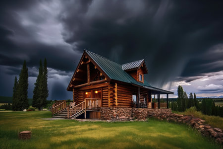 log cabin with stormy sky and dramatic lighting, perfect setting for a storybook romance, created with generative aiの素材