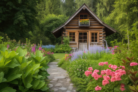 luxury log cabin surrounded by lush greenery and mountain views, created with generative aiの素材