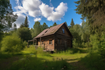 log cabin surrounded by towering trees and blue sky, created with generative aiの素材