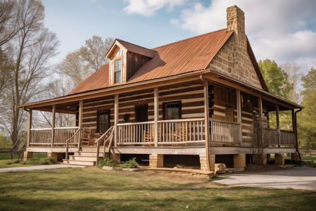 log cabin with wraparound porch and rocking chairs on the front porch, created with generative aiの素材