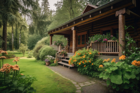 a log cabin with a wraparound porch and flower boxes, surrounded by lush greenery, created with generative aiの素材