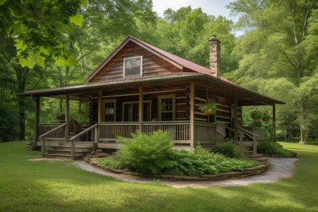 log cabin with wraparound porch and rocking chairs, surrounded by lush greenery, created with generative aiの素材